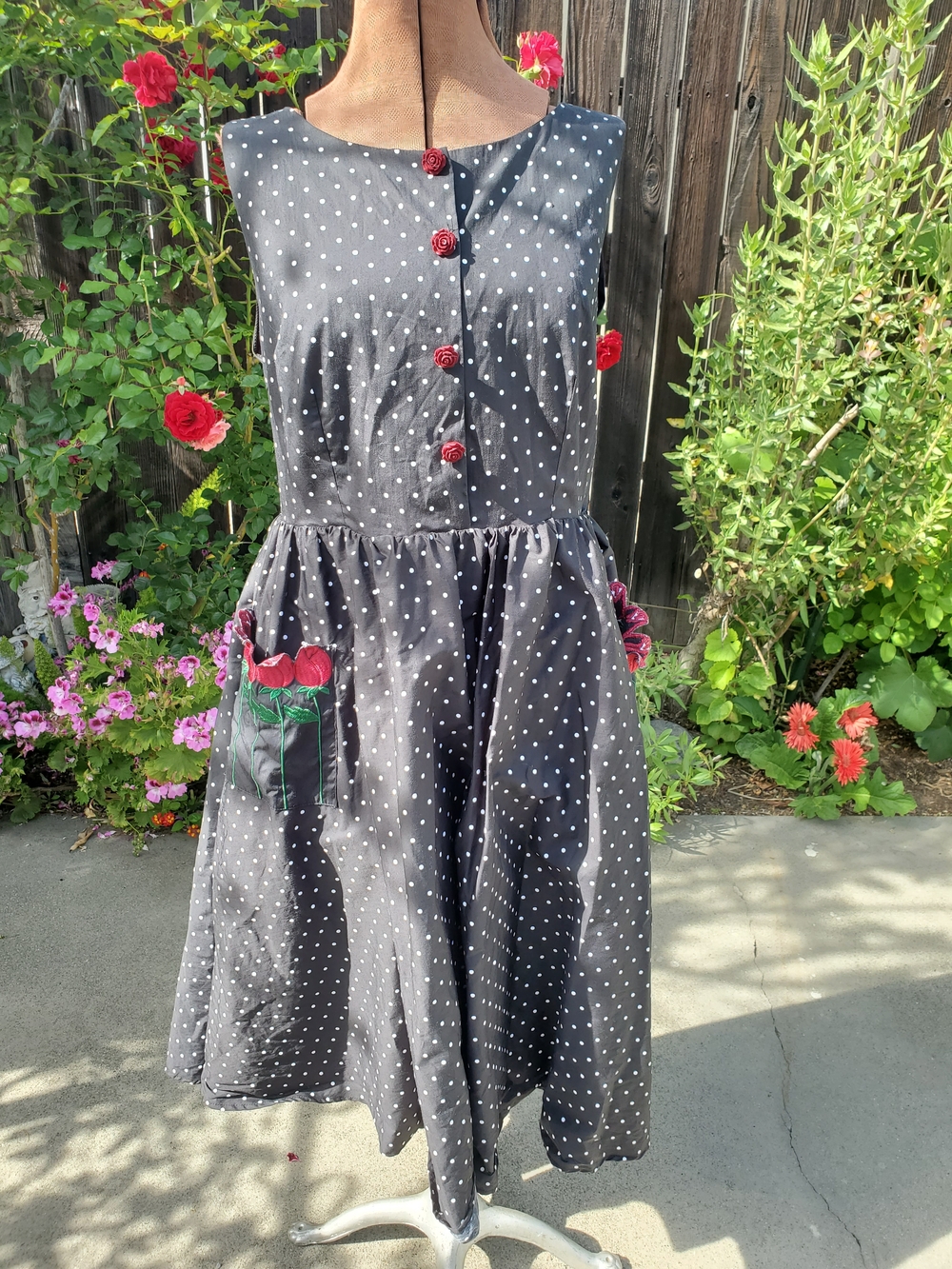 Black Polka Dot Sleeveless Casual Dress with Red Rose Accents